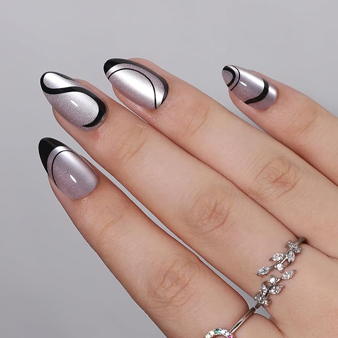 Gel Press On Nails- Almond Press On Nails, Short Fake Nail with Black French Tip Nail Designs, Artificial Nail 16 Sizes - 32Pcs Reusable Soft Gel False Nail Tips Kit，Glue On Nail Short