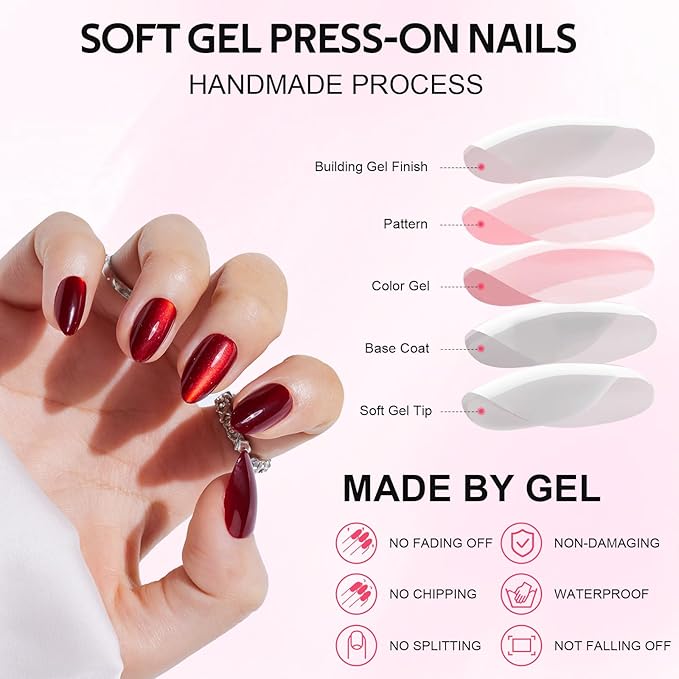 Press On Nails Almond - Findigit Cat Eye Press On Nails Short for Gifts, Cherry Red Stick On Nails with Glue, Glossy Natural Fit Nail Tips in 16 Sizes - 32 Soft