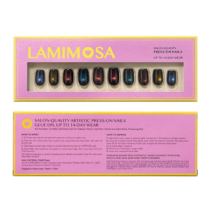 LAMIMOSA 32Pcs Cat Eye Press On Nails Short Square, Soft Gel Fake Nails in 16 Sizes, Reusable Glue on Nails Kit, Handmade Cat Eye Finish, GALAXY