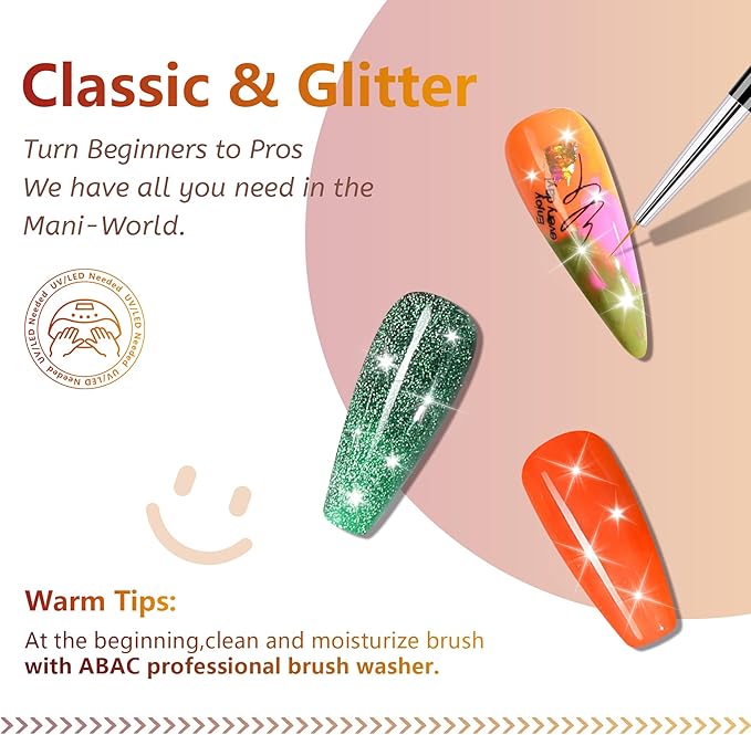 ABAC Fall & Winter Solid Gel Nail Polish Set,Ombre Gel Nail Polish,Pat Paint Nail Art-Nude Orange Yellow Green Glitter Colors w/Pro Brush No-Spill,Hema-Free Gifts for Girls Glowing Attraction