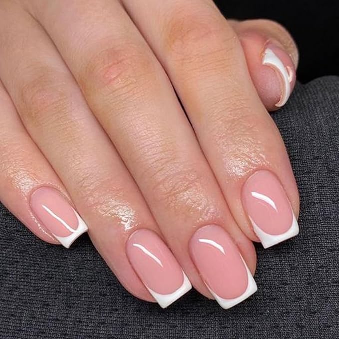 Modelones French Tips Press on Nails, White Short Square Fake Nails, Reusable Nail Kit with Nail Glue Adhesive Tabs Mini Nail File, Spring Nails Press Ons 32Pcs 16 Sizes, Women Girl Gift