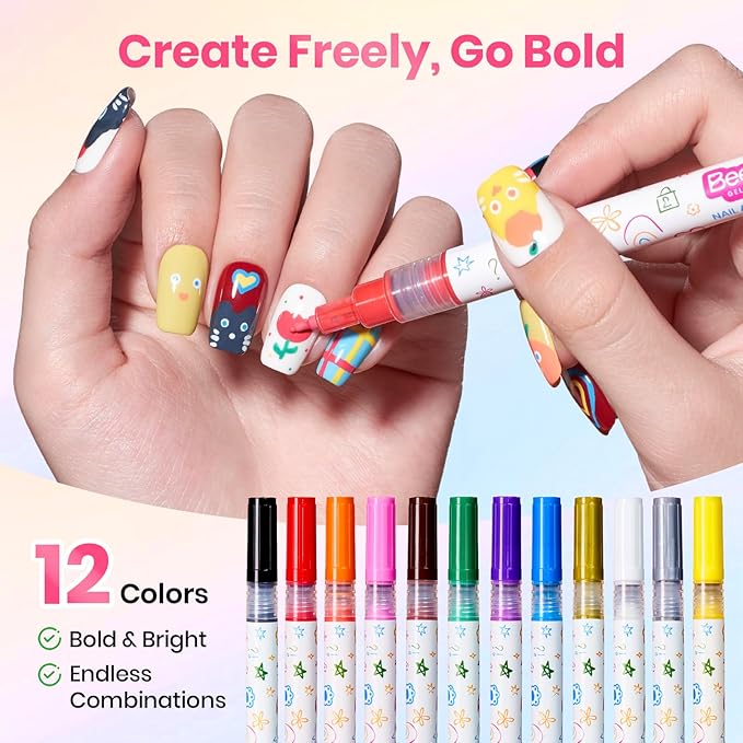 Beetles 12 Colors Nail Art Pens, 0.5mm Fine Line Nail Polish Pens Quick Air Drying Acrylic Paint Markers for Nails Art Design Painting Dotting Liner Brush, DIY Home & Salon Manicure Tools