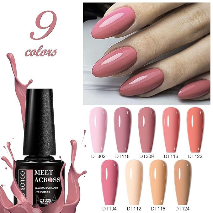 MEET ACROSS 12pcs Gel Nail Polish Set,Soak Off UV LED Lamp Gel Nail Polish Kit,Fashion Shimmer Nail Art Design Gifts for Women Manicure Salon (Milky tea)