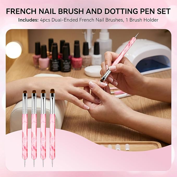 4Pcs French Tip Brush for Nails, Dual-Ended Nail Art Brushes Set with Nylon Bristles for Precision Smile Lines, Gel Polish Cleanup Brush with Resin Holder and 3pcs Nails Tools