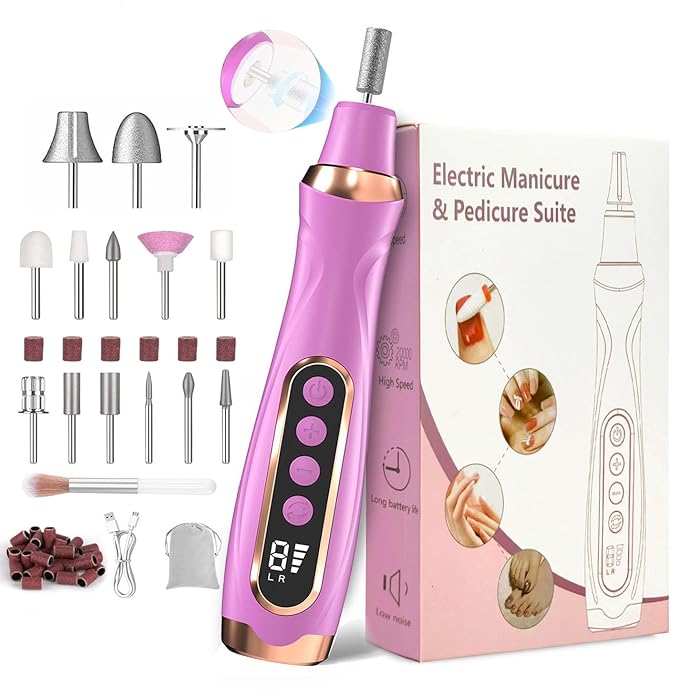 Professional Manicure Pedicure Kit Cordless Electric Nail File Set 6 Speed Cordless Nail Drill for Thick Nail Toenail Cuticle Hand Foot Care Nail Drill Tool(Purple)