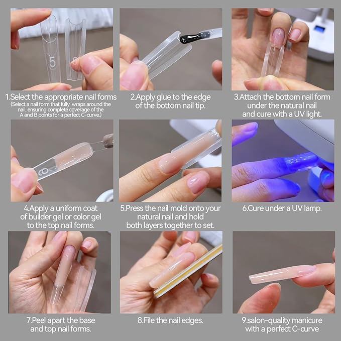 240 pcs Sandwich Dual Nail Forms Reusable Quick Nails Extension Mold for Builder Structure Poly Gel,15 Sizes Long Oval Bulider Forms with Almond Shape Guide Lines Nail Art Tools Salon Home