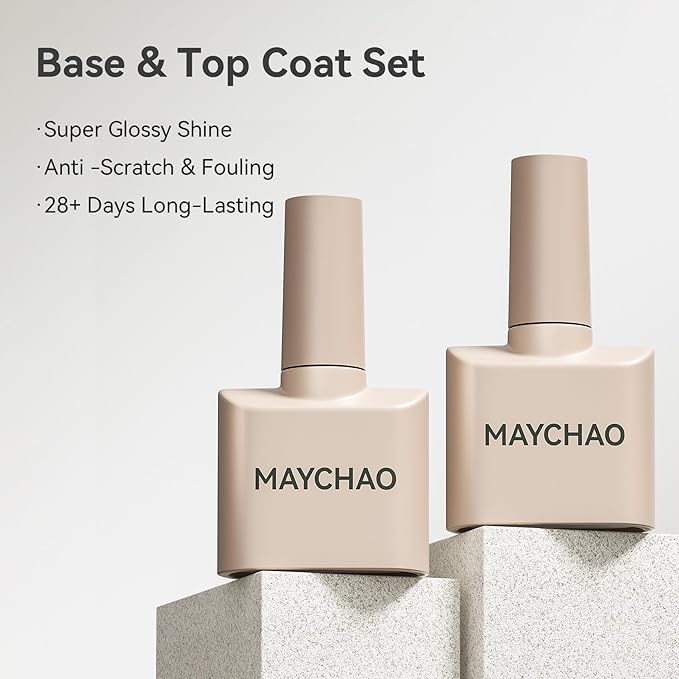 MAYCHAO 15ml 2 Pcs Glassy Gel Top Coat and Base Coat Set,No Wipe Foundation Combination for UV Light Cure Nail Polish