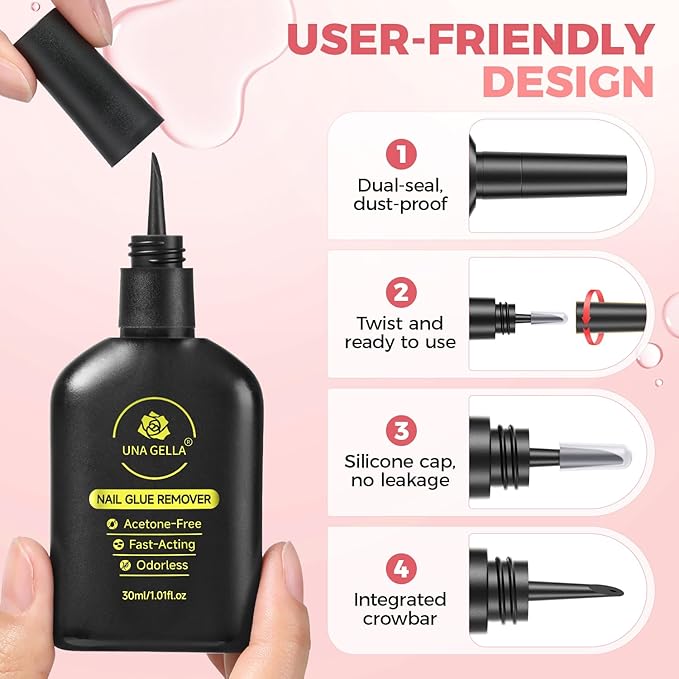 UNA GELLA Press On Nail Glue Remover Built-in-crowbar 30ML Acetone-Free Gentle Soak Off Gel Nail Glue Polish Remover for Nail Tip Adhesive Glue Easily Home DIY Not for U/V Nail Polish