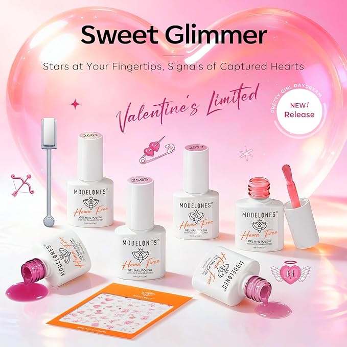 modelones Pink Gel Polish Set, Hema Free Light Pink Cat Eye Gel Polish Jelly Glitter Nude Hot Pink Pastel Nail Polish 6 Colors 2026 Spring Easter LED Nail Art DIY Gift with Magnet&Love-heart Stickers