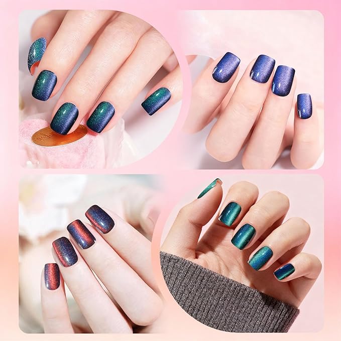 Allstarry Cat Eye Press on Nails, 15 Full Sizes Range Cat Eye Nails Press Ons 4 Changing Colors Cateye Presson Nail for Women 120pcs Chameleon Glossy Short Square Fake Nail Tips Stick DIY Salon