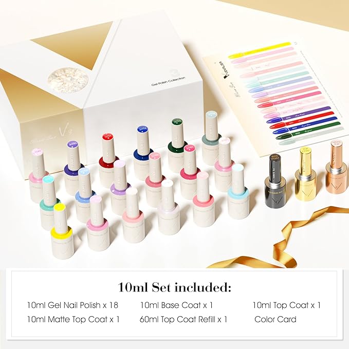 VENALISA V3 22 Pcs 10 ML Gel Nail Polish Set with Color Card, Pink Blue Red Green Purple Gel Polish Glitter Color Nail Art Starter Manicure Salon DIY at Home
