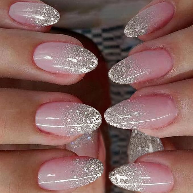 Pink Semi Cured Gel Nail Strips 20Pcs Glitter UV Gel Nail Stickers Glossy Nails Polish Strips UV/LED Light Needed Self Adhesive Full Polish Nails Wraps for Women