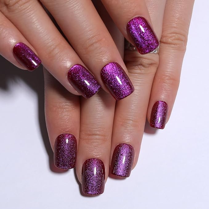 Royal Purple Cat Eye Press On Nails Short Square, Magenta Tone Cat Eye Nail Design, Glossy Soft Gel Press On Nails, Natural Reusable Glue On Nails Kit for Women, 15 Sizes 30 Pcs