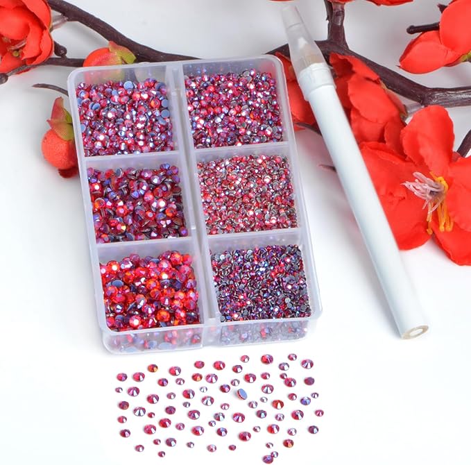 Bymitel Hotfix Crystal Rhinestones Round Gems for Crafts,Mixed 6 Sizes with Wax Pencil Kit, Siam AB1.3-3.2mm(SS3-SS12/8000pcs)