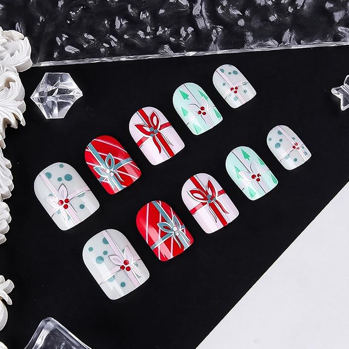 Christmas Press on Nails Short Square Fake Nails with Bow Designs Colorful Xmas False Nail Glossy Full Cover Winter Stick on Nail for Women