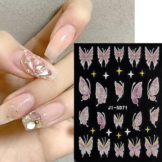 Nail Stickers, 5 Sheets Self-Adhesive Shiny Butterfly Nail Stickers for Nail Art, Diverse Floral Butterfly for Creative DIY Manicures