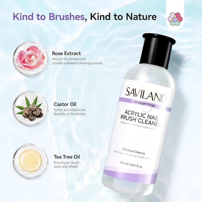 SAVILAND Advanced Acrylic Brush Cleaner: 3-Minute Deep Clean & Conditioning Liquid, Plant-Based Cleaner Conditioner Preserver Restorer for Acrylic Nail Brushes, Home DIY & Salon Use, 5 OZ