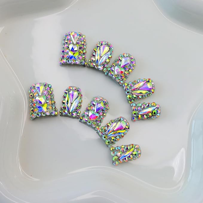 10Pcs Handmade Rhinestone Press on Nails Short Duck Fake Nails with Rhinestone Design Full Cover False Nails Short Hand Made Press on Nails Reusable Stick on Nail Artificial Glue on Nail for Women (M)
