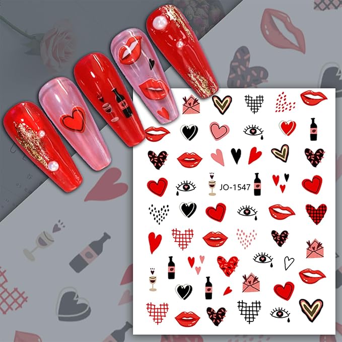 12 Sheets Valentine's Day Nail Sticker for Nails Art 3D Embossed Self-Adhesive Pink Red Love Heart Lips Valentine's Day Nail Decal Design Supplies for Women DIY Manicure Art Decoration YX1241