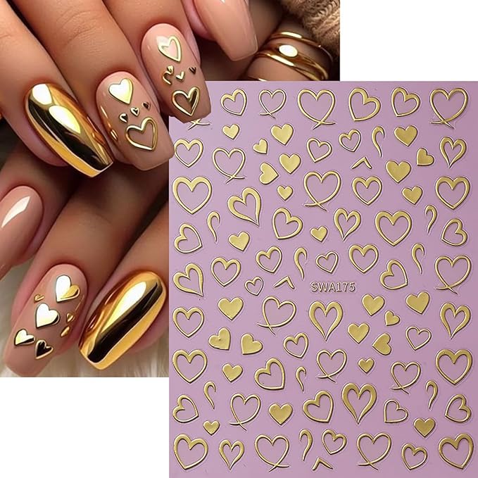 8 Sheets Valentines Nail Art Stickers 3D Self-Adhesive Hollow Heart Nail Decals Red Heart French Tip Nail Stickers Valentines Day Nails Art Decorations for Women Holiday DIY Nails Supplies