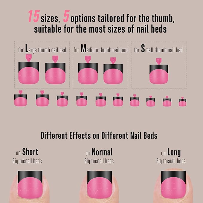 Toe Nail Tips Press on Black French Tip,ROSE PINK, Long/Medium Wide Fake Toenails,Full Cover Sharp Square Pre-Designed Soft Gel False Toenail Acrylic Extension for DIY 15 Sizes 240 pcs