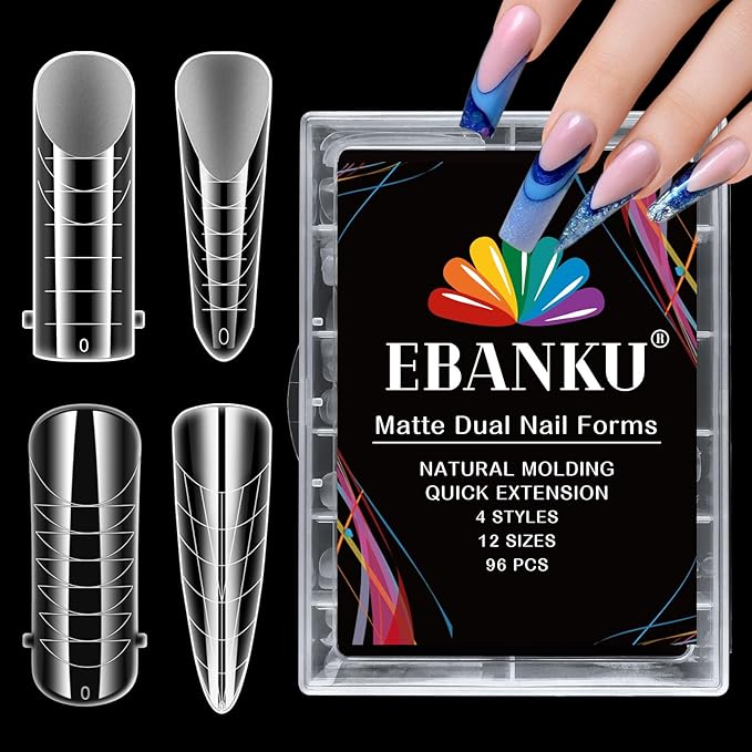 EBANKU Clear Matte Poly Gel Nail Forms 4 Styles, 96PCS Dual Nail Forms Full Cover Nail Mold Tips Acrylic Nail Extension Tools 12 Sizes Scale for Poly Gel Nail Art Salon Nails Design