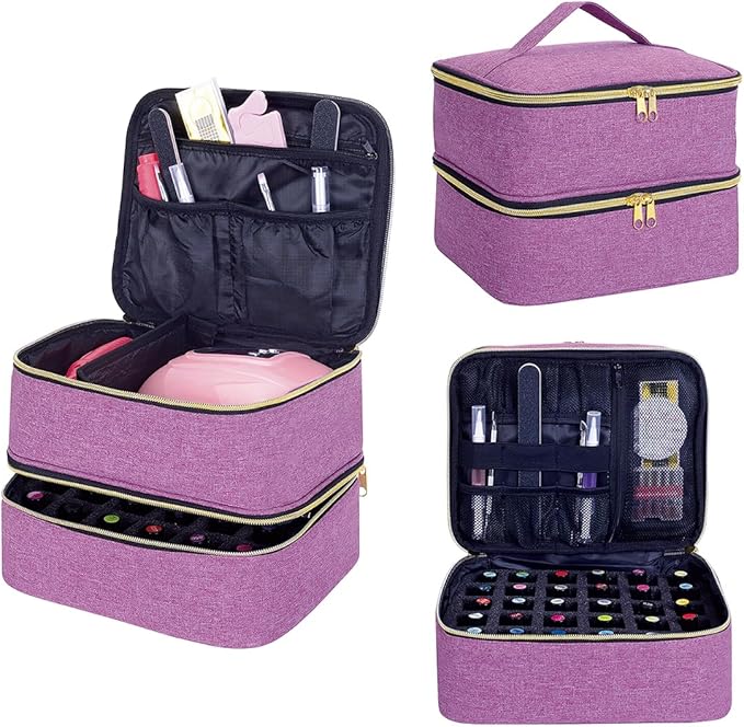 Nail Polish Organizer, Handheld Double Layer Organizer Holds 30 Bottles (15 ml/0.5 floz) with Adjustable Dividers for Nail Polish Small Manicure Lamp Manicure Tools Essential and Travel,Purple