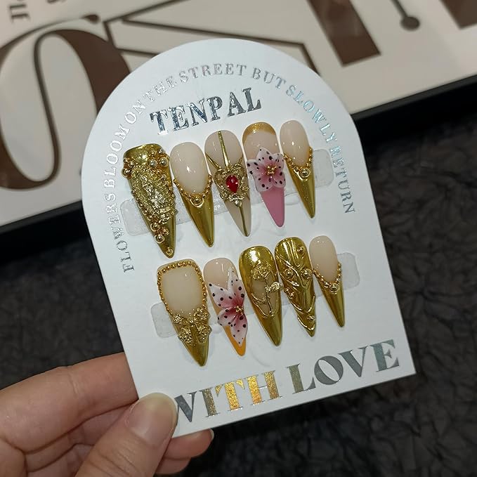 Long Stiletto Press on Nails - Gold Baroque with 3D Rose & Saint Charms | Reusable & Icy False Nails | Royal Gala Style for Grand Events(L)