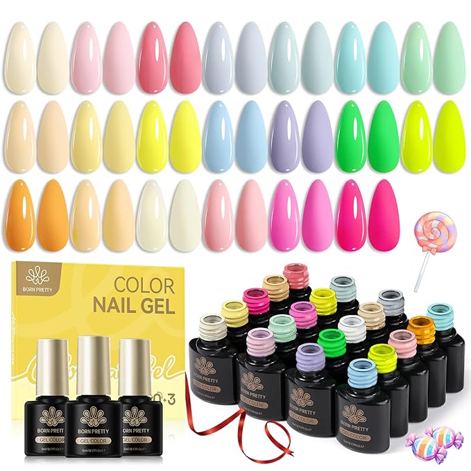 BORN PRETTY Pastel Gel Nail Polish 23Pcs,Spring Summer Easter Gift Collection Macaron Candy Sweet Colors Soft Nude Pink Green Blue Yellow Neon Hot Pink Gel Polish Kit with Base&Glossy Matte Top Coat
