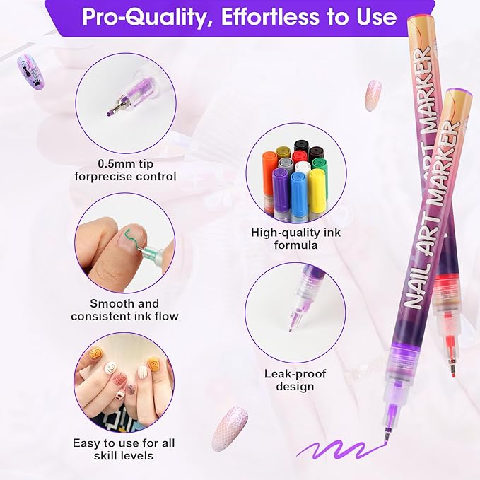 Pintada 12 Color Nail Art Pens Set - 0.5mm Fine Tip Nail Art Markers with Stickers, Leak-Proof Nail Pens for DIY Nail Art, Greeting Cards & Crafts