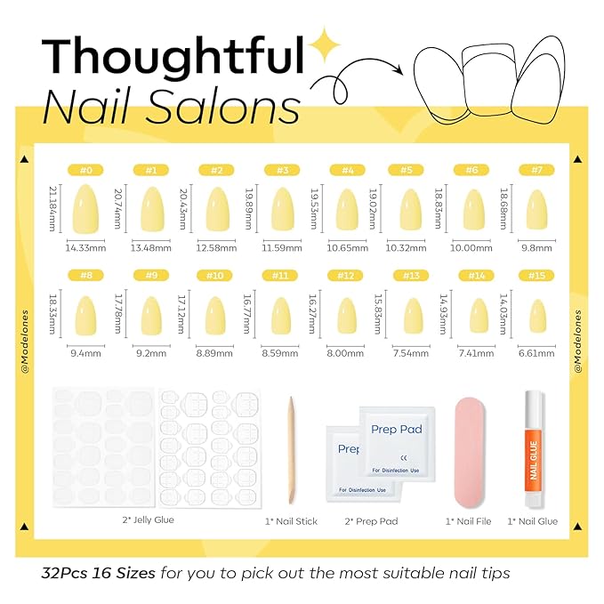 Modelones Yellow Press on Nails Almond, Easter Spring Neon Short Fake Nails, Reusable Nail Kit with Nail Glue Adhesive Tabs Mini Nail File, Nails Press Ons 32Pcs 16 Sizes, Women Girl Gift ﻿