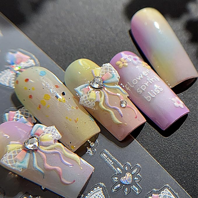 5D Bow Nail Stickers for Nail Art Colorful Lace Ribbon Bow Nail Decals Embossed Valentines Nail Art Stickers Self Adhesive Cute Star Heart Nail Decorations Supplies for Women Wedding Manicure 1Sheets