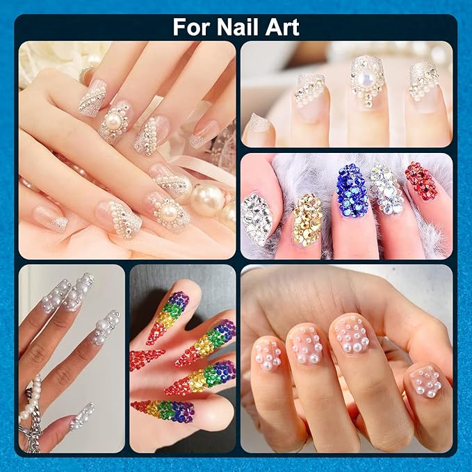 BELLEBOOST Nail Art Rhinestone Glue Gel&2 Boxes Flatback Gems Kit, 1 Tube of 15ml Rhinestone Gel Glue(UV/LED Needed)+Colorful Gems+Flat-Back Half Round White&Beige Pearls with Pickup Tools