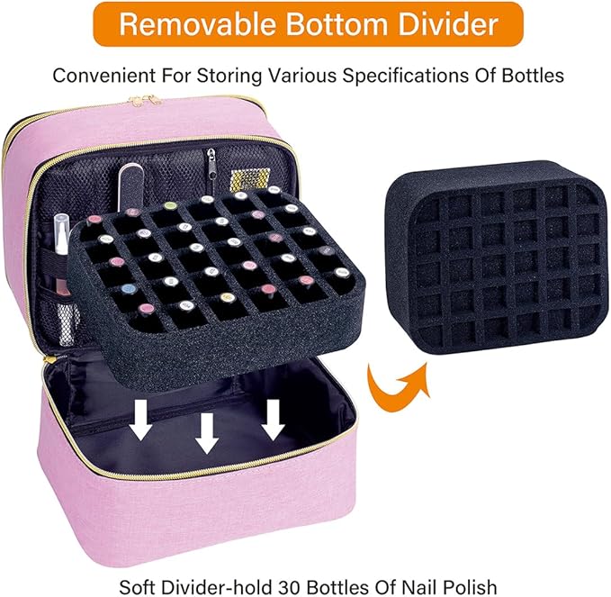 Nail Polish Organizer, Handheld Double Layer Organizer Holds 30 Bottles (15 ml/0.5 floz) with Adjustable Dividers for Nail Polish Small Manicure Lamp Manicure Tools Essential and Travel,Pink Gold
