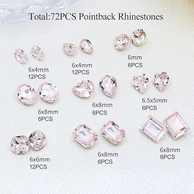 DONGZHOU 72pcs Mix Shape Nail Art Rhinestone,7 Styles Glass Nail Rhinestones Pointback Nail Gems Shiny 3D Nail Charms for Nail DIY Decorations Crafts,Pink