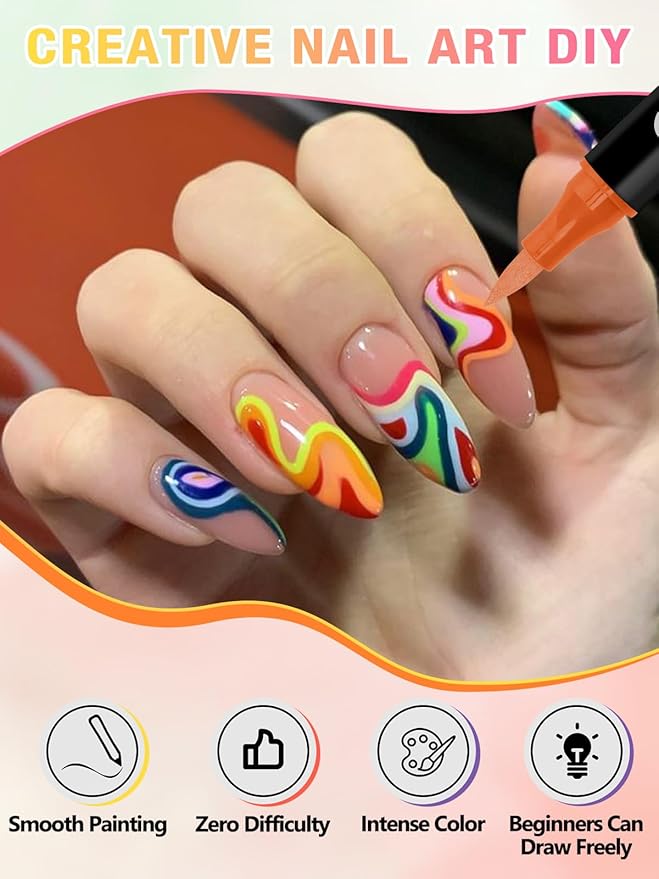 48 Colors Nail Art Pens Set 3D Acrylic Paint Nail Art Quick-Drying, EBANKU Nail Point Dotting Liner Pen Sets for Home & Salon Nail DIY, 24 Count Dual-Tip Nail Pens