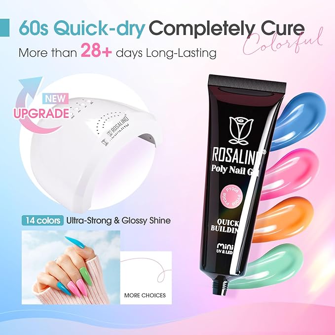 Poly Nail Gel Starter Kit with Drill-14 Colors + 75 Nail Art Accessories Kit, ROSALIND Neon Poly Extension Gel with Big UV Light 48W and Electric Nail Drill Starter Kit with Everything