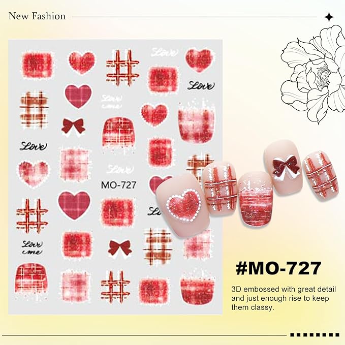6 Sheets Bow Nail Stickers for Nail Art Red Pink Purple Blue Brown Bow Heart Designs 5D Embossed Self Adhesive Nail Decals for Women DIY Manicure Decoration YX1239