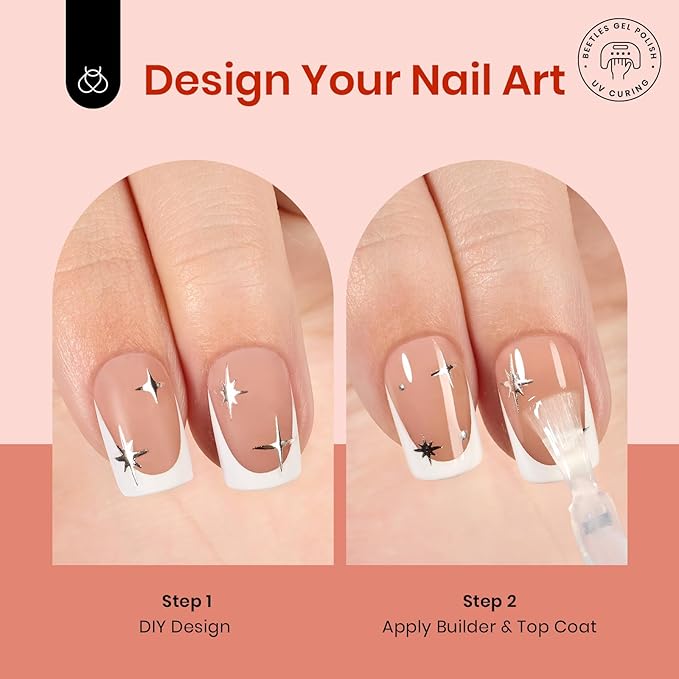 Beetles X Press Gel Nail Kit: Short Square French Tip Press On Nails Kit With 224Pcs Nail Tips Nail Glue & Builder Top Coat Mini UV Light, All-in-One DIY Designs Gift For Women At Home