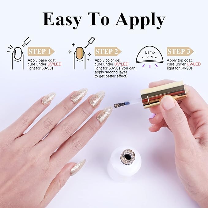 Imtiti Glitter Gel Nail Polish, 1 Pcs 0.5 Fl Oz Champagne Gold Glitter Gel Polish Soak Off LED U V Nail Gel Polish Nail Polish DIY Nail Art Starter Manicure Salon Gel Nail Polish Kit for Women Girls