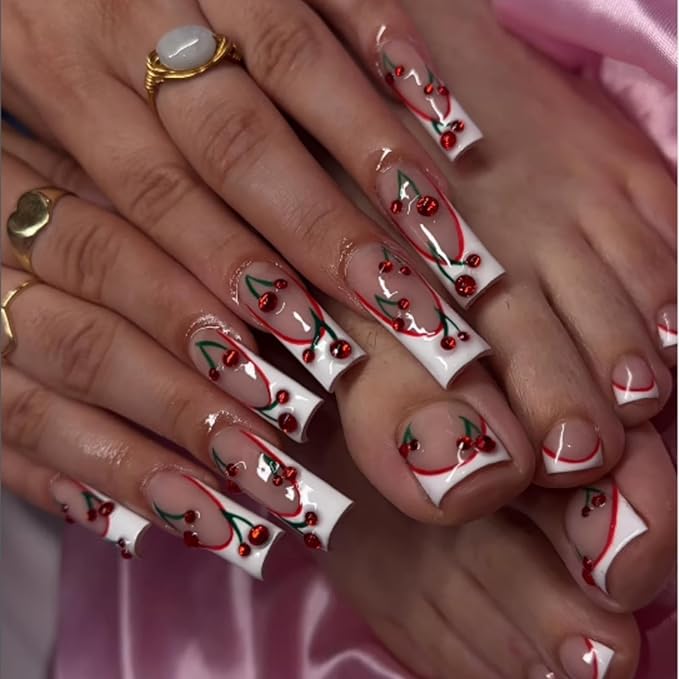 White French Tips Press on Nails Cherry Press on Toenails Long Square Stick on Nails with Designs Nude Pink Fake Nails Glossy Reusable Spring Summer False Toenails for Women Girls Manicure 48Pcs