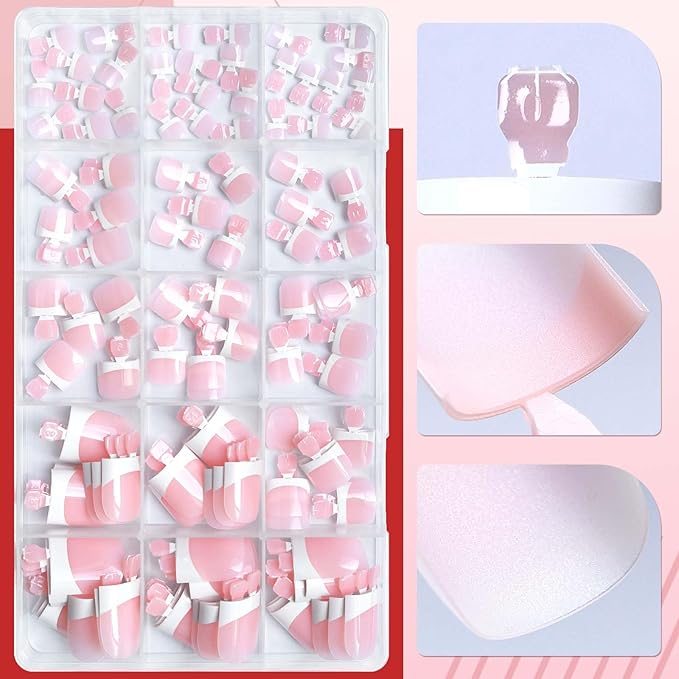 150pc White French Tips Press on Toenails Women Fake Toenail with Glue Tab, Baby Pink Toe Nail Press ons Nails Short Square Fake Toe Nail Tips French Glue on Toenails False Acrylic Toes Nails Kit
