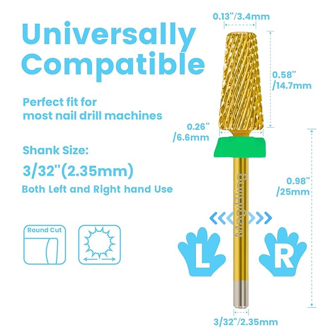 6.6mm Large Tapered Barrel 5-in-1 Nail Drill Bit, 3/32" Cross-Cut Safety Tungsten Carbide Efile Bit for Fast Gel & Acrylic Removal, Two-Way Rotation, Nail Tech & Beginner Bit, Titanium, Coarse