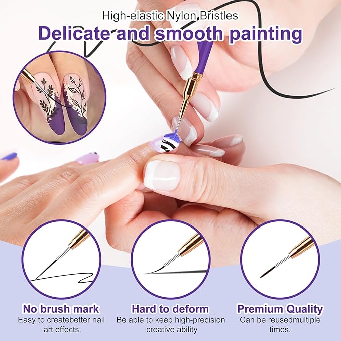 Nail Art Liner Brushes, 5Pcs Liner Brush For Nails, Painting Nail Art Brush Set Dotting Drawing Tool for Long Lines, Thin Details, UV Gel Polish Painting, Fine Drawing 7/9/11/15/25mm(Purple)