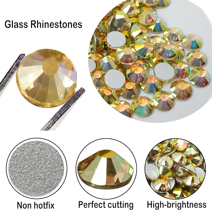 Flatback Glass Rhinestones,Bedazzler Gems 1440pcs Non Hotfix Crystal Rhinestones for Nail Charms Crafts Clothes Tumblers,Sunshine,SS16