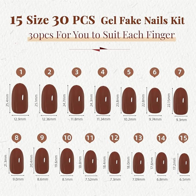 Brown Press on Nails Almond, Fall Coffee Chocolate Press ons, Reusable Acrylic Stick on False Nails 30Pcs 15 Sizes Kit for Women