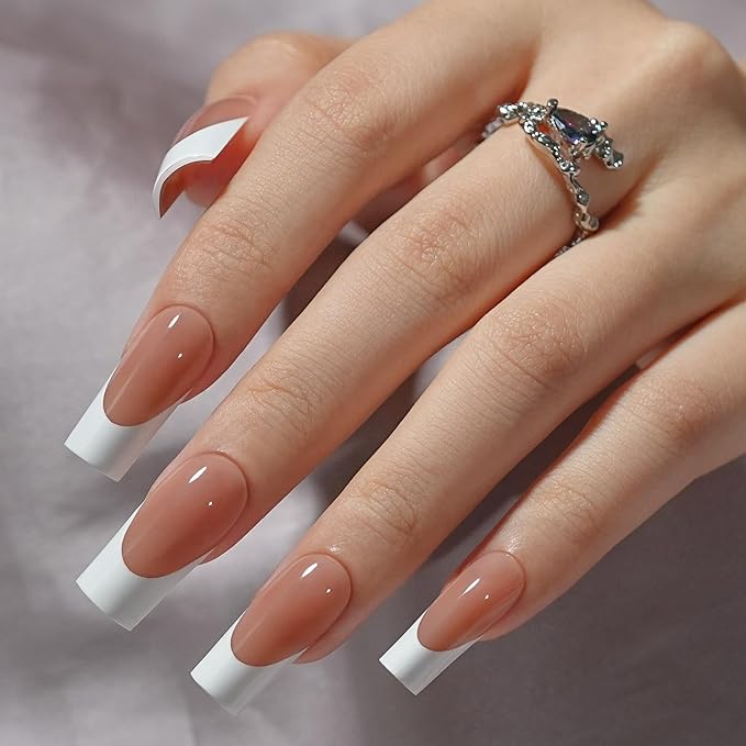 French Gel Nail Tips - Jofay Fashion French Tip Press on Nails, 10-Piece Set 320Pcs Brown Long Square Nail Tips, No Need to File Acrylic Fake Nails for Nail Art DIY & Nail Extension, 16 Sizes