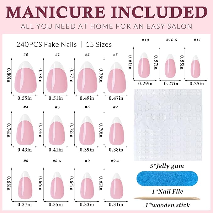 240PC White French Tip Press on Nails Short Fake Nails Press ons with 5*Adhesive Tabs, Pink Almond Acrylic Nail Press on Nail French Tip Nails False Artificial Fingernails Stick on Nails-E
