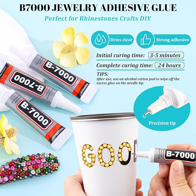 6100Pcs Resin Rhinestones for Bedazzling with 2Pcs 10ml B7000 Jewelry Glue, 1 Box Flatback Crystals Diamond (Golden Yellow) for Crafting Crafts, Gems for Clothing Shoes Tumblers Nail Art