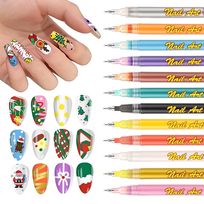 12 Color Nail Art Pens for Painting Nails, 0.5 MM Nail Polish Pens Set, Nail Pens for DIY Drawing Point Liner Acrylic Painted, Quick-drying & Waterproof, Nail Design Manicure Tools Kit